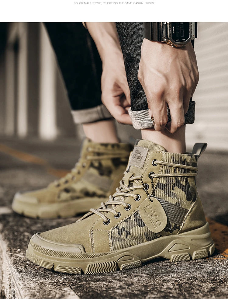 Botas masculinas de cano alto casuais ao ar livre botas de deserto camuflagem rendas plataforma botas de deserto moda durável bota de tornozelo masculino