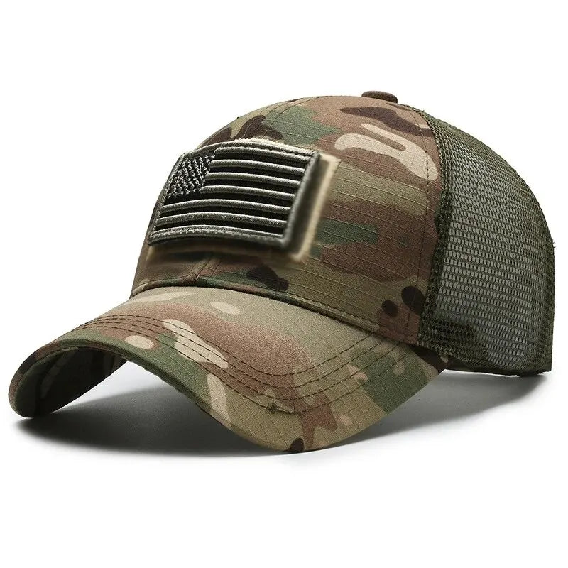 Bandeira americana camuflagem adesivo bordado Baseball Cap Net Hat Men Outdoor Velcro Cap