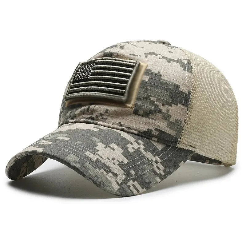 Bandeira americana camuflagem adesivo bordado Baseball Cap Net Hat Men Outdoor Velcro Cap