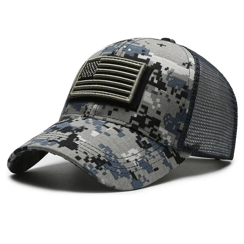 Bandeira americana camuflagem adesivo bordado Baseball Cap Net Hat Men Outdoor Velcro Cap