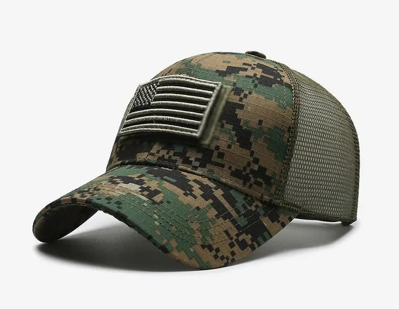 Bandeira americana camuflagem adesivo bordado Baseball Cap Net Hat Men Outdoor Velcro Cap